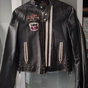 Black Leather Racing Jacket with White Stripe Med